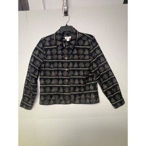 Christopher & Banks Women medium Black Button-Up Jacket Geometric white Pattern